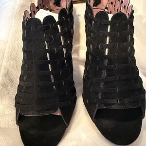 Black suede peep-toe back-zip booties/heels size 38.5 (8/8.5)